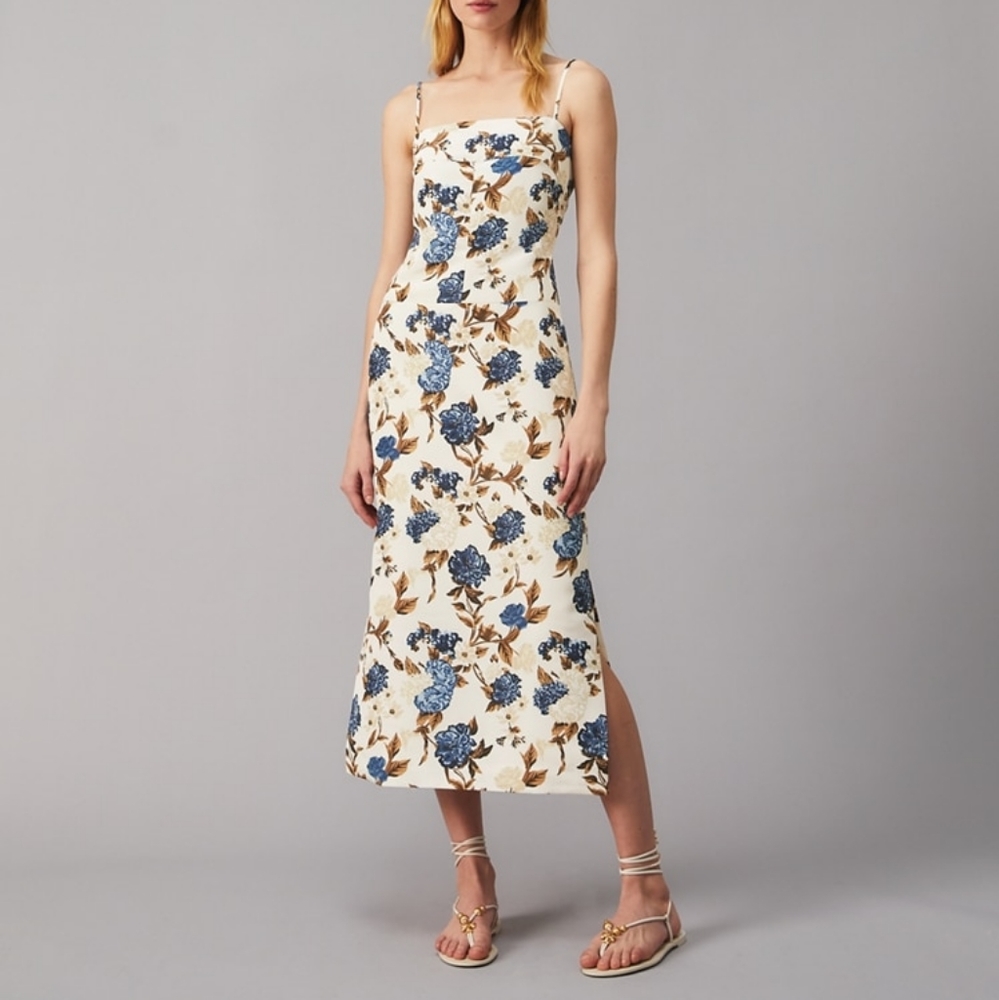 Tory Burch Dress Caramel Mixed Floral Strappy Back Midi Dress Size 12 NWT